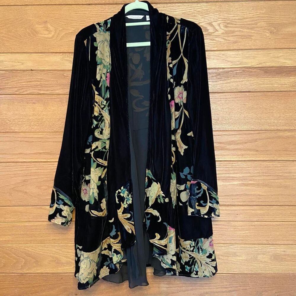 Soft Surroundings floral velvet black longline cardigan.